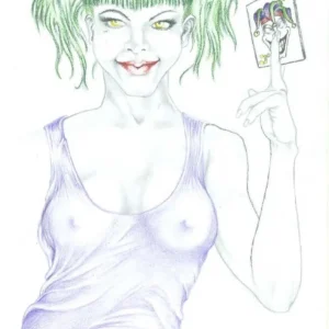 A drawing of a woman with green hair holding up her hand.