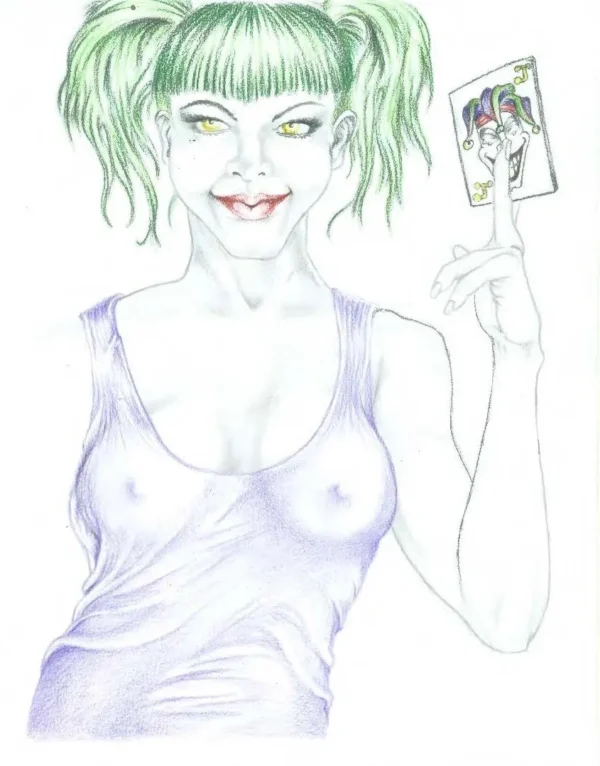 A drawing of a woman with green hair holding up her hand.