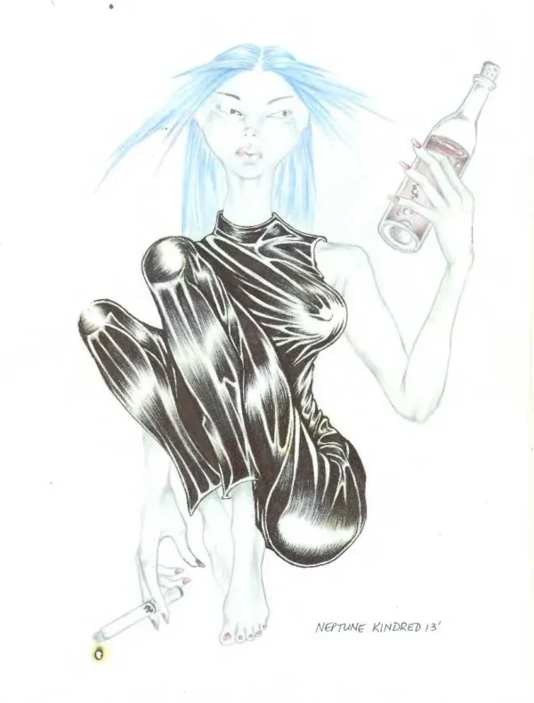 A drawing of a woman holding a soda bottle.